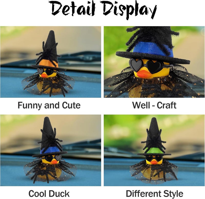 wonuu Car Dashboard Spider Witch Rubber Ducks for Halloween, Decorations Duck for Office Desk Ornament Accessories with Hat Glasses Skirt, for Halloween Party Gifts (Gold Point Skirt Orange) - Image 4